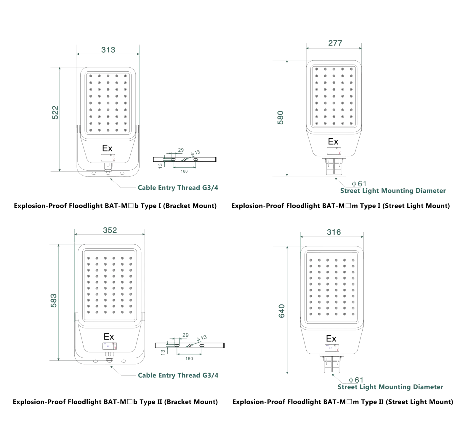 Explosion-proof LED floodlight installation drawing showing bracket mount and street light mount with G3/4 cable entry