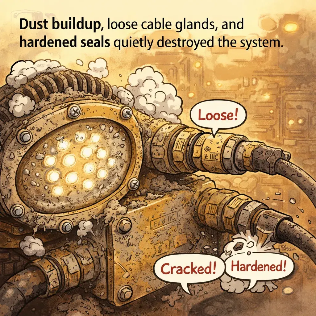 Dust buildup, loose cable glands, and hardened seals quietly destroyed the system