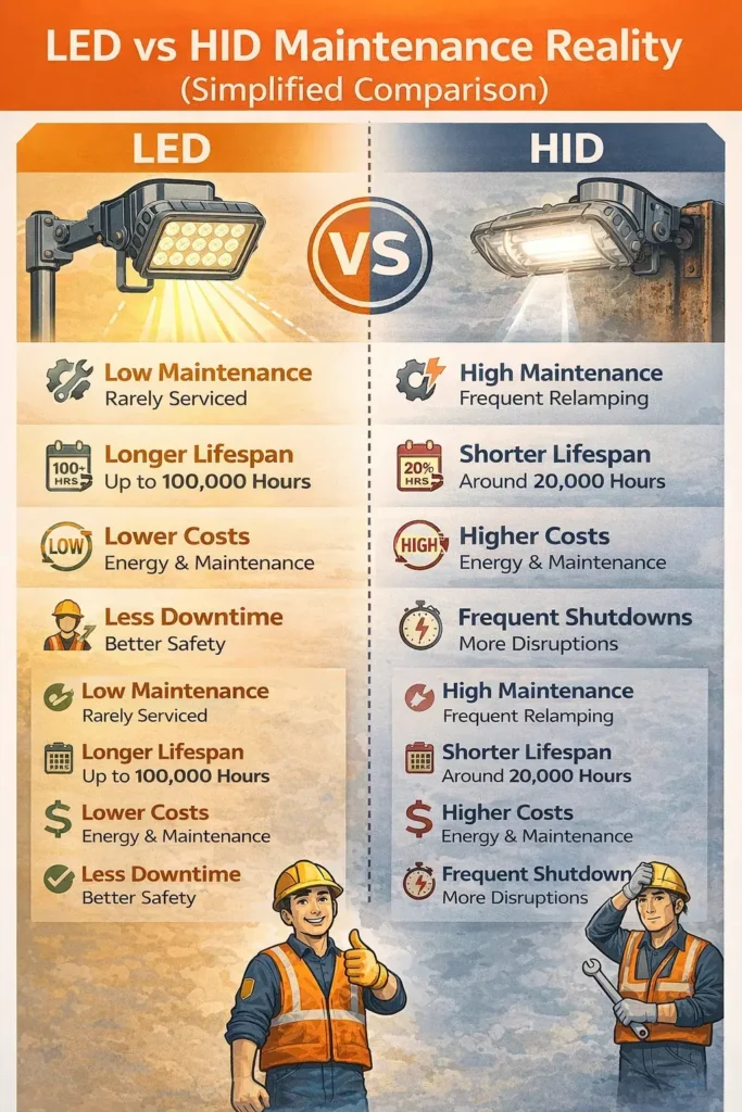 LED explosion proof vs HID maintenance downtime comparison oil refinery