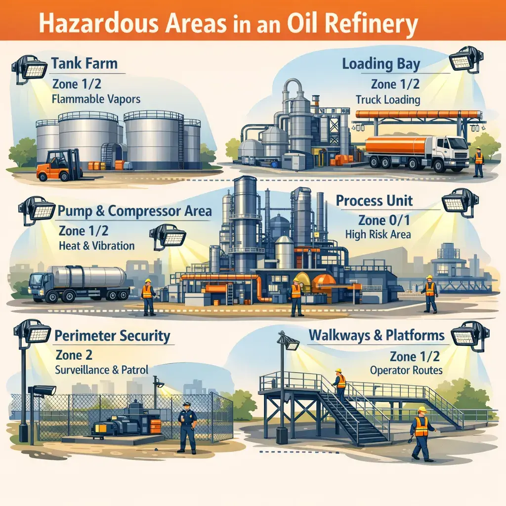 hazardous area lighting locations in oil refinery tank farm loading bay process unit